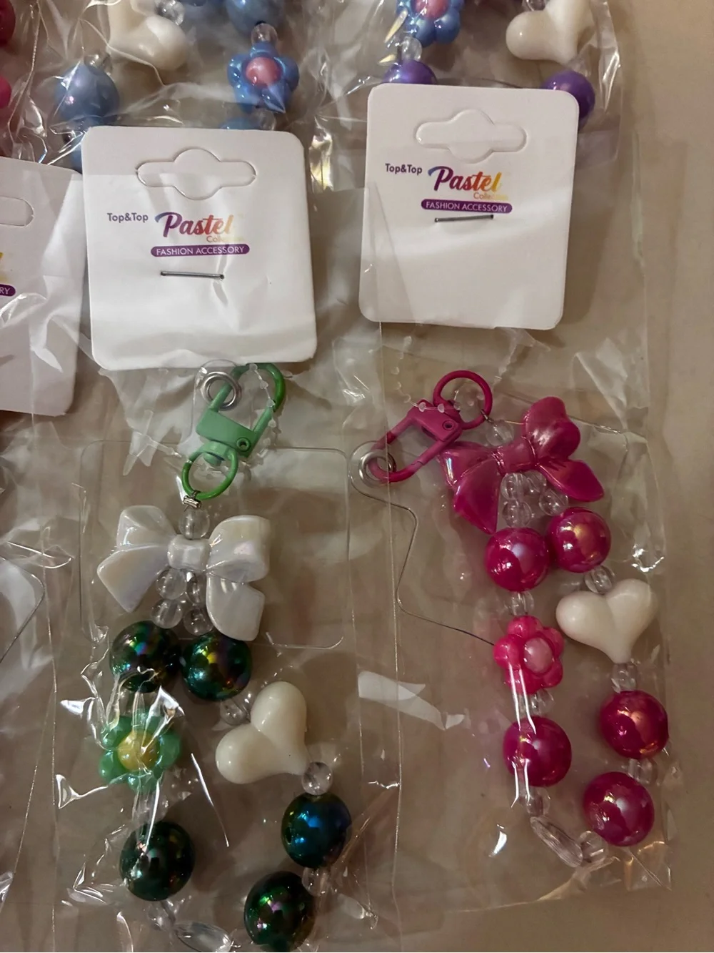 12- Cell phone charms wristlet Bow & beads Charm - Pastel Assorted Colors